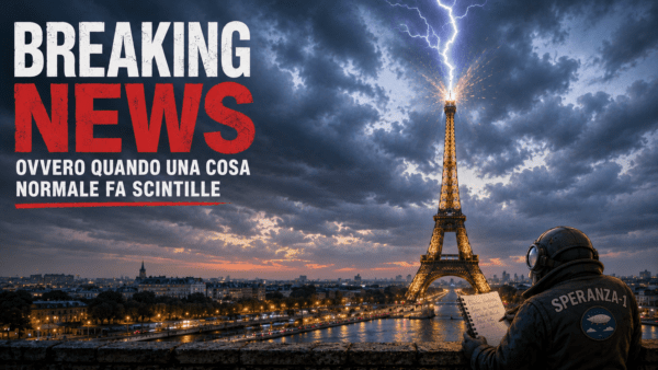 La Torre Eiffel colpita da un fulmine durante un temporale su Parigi. Illustrazione simbolica sul fenomeno delle breaking news e sulla tendenza a trasformare eventi ordinari in notizie sensazionali.