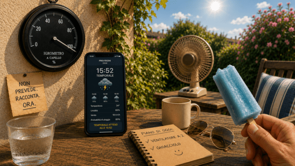 Un vecchio igrometro a capello appeso in giardino accanto a uno smartphone con le previsioni del temporale, mentre un ghiacciolo e un ventilatore raccontano il caldo estivo.
