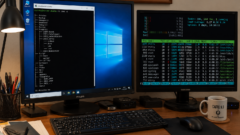 Schermata di una postazione con due monitor: su uno un terminale Linux esegue il comando tree -d, sull'altro è visibile htop mentre un vecchio server viene preparato per il pensionamento.