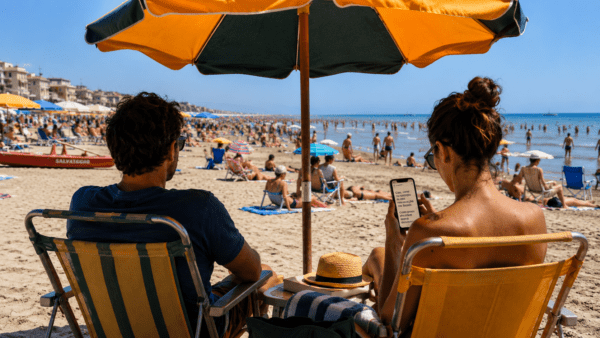 Una coppia sotto un ombrellone su una spiaggia affollata della Riviera romagnola. Lui guarda il mare in silenzio, mentre lei consulta un chatbot sullo smartphone, evocando il tema del ruolo dell'intelligenza artificiale nelle crisi di coppia.