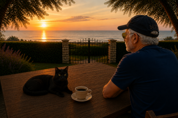 Un uomo osserva il tramonto sul mare dal giardino di Bordonchio mentre un gatto nero riposa sul tavolo accanto a una tazza di caffè.