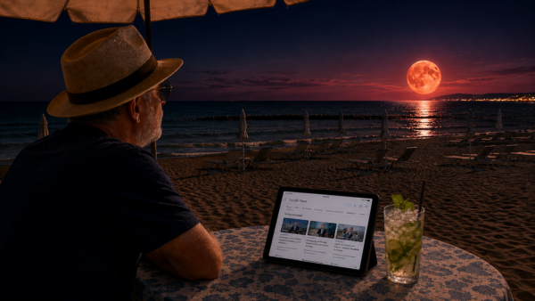 Il vecchio nerd osserva una luna rossa all'orizzonte su una spiaggia deserta mentre un tablet con le notizie resta sul tavolo, simbolo della differenza tra informarsi e capire.