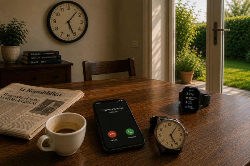 Un tavolo illuminato dalle prime luci del mattino con uno smartphone che segnala una chiamata in arrivo, uno smartwatch con dati sull’attività e sulla salute, un orologio analogico, una tazzina di caffè vuota e un giornale; sulla parete, un semplice orologio analogico.