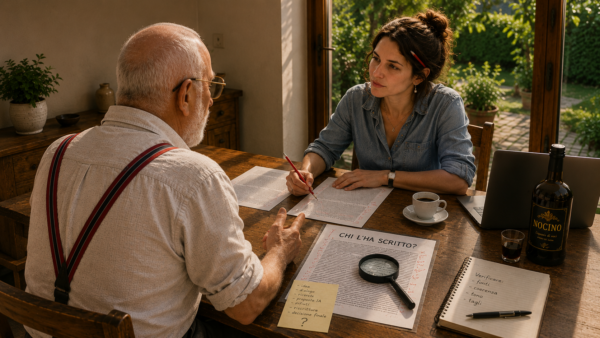 Ricky e Rossana discutono alcuni articoli seduti a un tavolo, tra fogli corretti, una lente d’ingrandimento, un computer portatile, una tazza di caffè e una bottiglia di nocino.