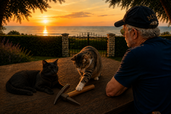 Un uomo osserva due gatti al tramonto davanti al mare mentre uno di loro tocca con curiosità un piccolo piccone appoggiato sul tavolo.