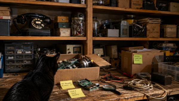 Lillo, gatto nero, osserva un banco da lavoro pieno di vecchi componenti elettronici, scatole, cavi e Post-it, davanti a scaffali con un telefono nero a disco e altri reperti tecnologici.