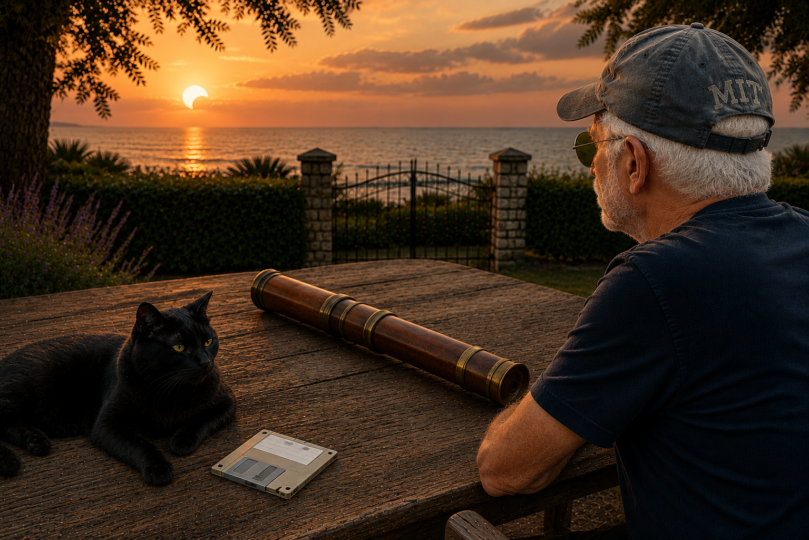 Un uomo anziano con cappellino MIT osserva un’eclissi parziale di Sole al tramonto. Sul tavolo, accanto a un gatto nero, un antico cannocchiale e un floppy disk.
