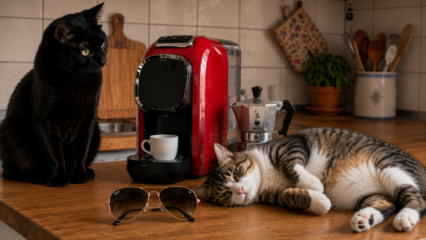 Macchina da caffè rossa, Moka e occhiali Aviator sul banco della cucina, con Lillo e Sugar.