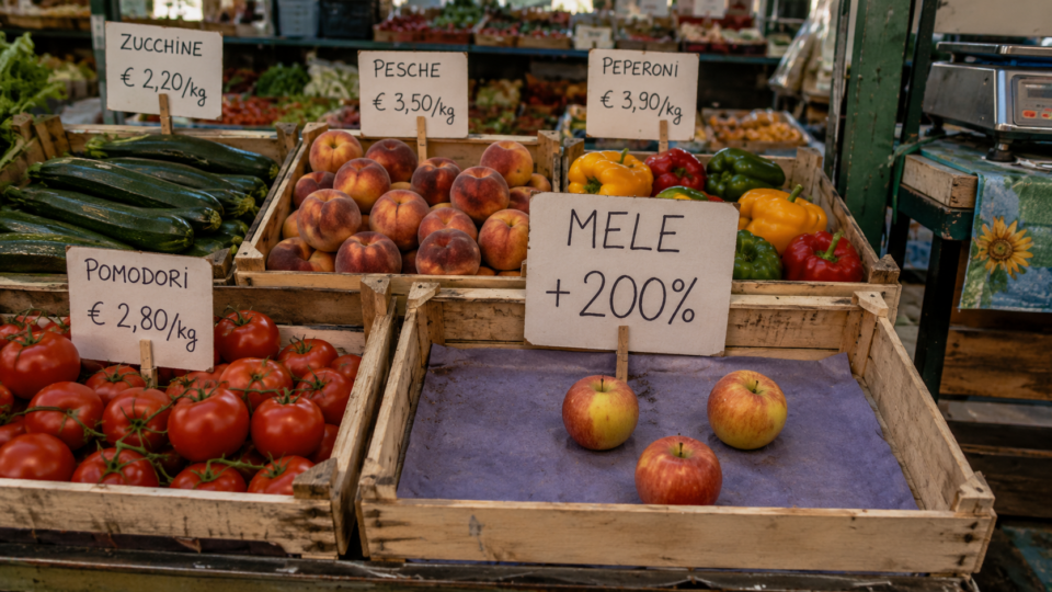 Banco di un mercato rionale con cassette di frutta e verdura, cartelli dei prezzi e tre mele accompagnate dalla scritta “+200%”.