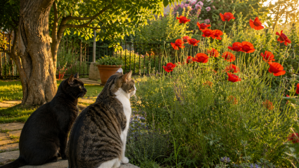 Lillo e Sugar osservano un gruppo di papaveri in fiore nel giardino, illuminati dalla luce calda del tramonto.