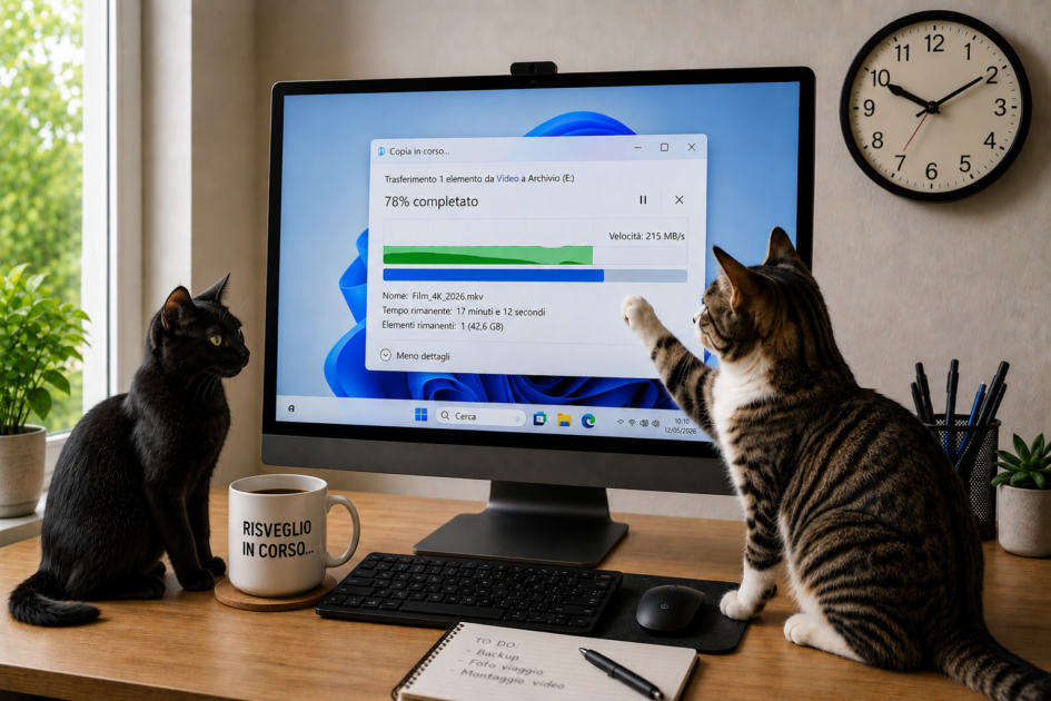 Lillo e Sugar osservano la barra di avanzamento su un computer moderno: mentre Lillo guarda lo schermo con aria sorniona, Sugar prova a toccare con la zampa una previsione di 17 minuti rimanenti.