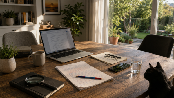 Tavolo di lavoro in una casa moderna con computer portatile, due tazze e fogli corretti a penna, davanti a un giardino illuminato dal sole.