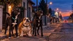 Elly e Kelly abbaiano insieme a Ugo, bulldog con la pipa, mentre altri cani rilanciano l’abbaiare lungo una strada fino in lontananza.