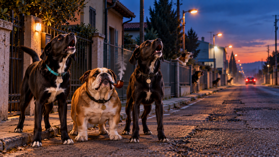 Elly e Kelly abbaiano insieme a Ugo, bulldog con la pipa, mentre altri cani rilanciano l’abbaiare lungo una strada fino in lontananza.
