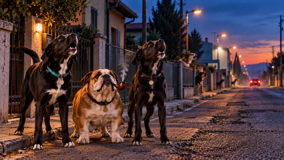 Elly e Kelly abbaiano insieme a Ugo, bulldog con la pipa, mentre altri cani rilanciano l’abbaiare lungo una strada fino in lontananza.