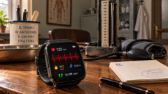 Smartwatch con parametri di salute su una scrivania di un vecchio ambulatorio medico, accanto a uno sfigmomanometro a mercurio e a un ricettario.