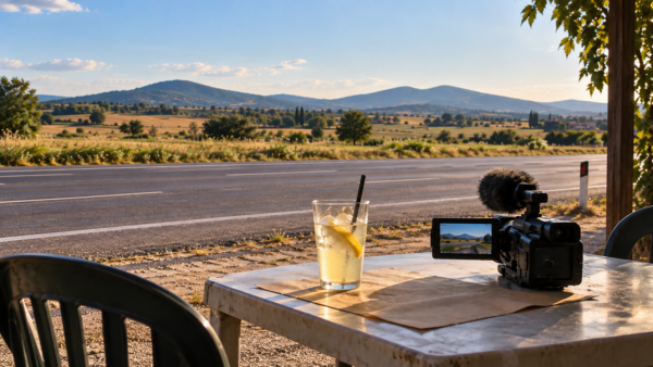 Una telecamera appoggiata sul tavolino di un bar riprende la campagna oltre una strada, in un pomeriggio d’estate.