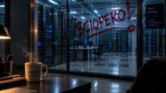 Sala server vuota dietro una parete di vetro con la scritta “SCIOPERO!” tracciata in rosso e, in primo piano, una tazza di caffè.