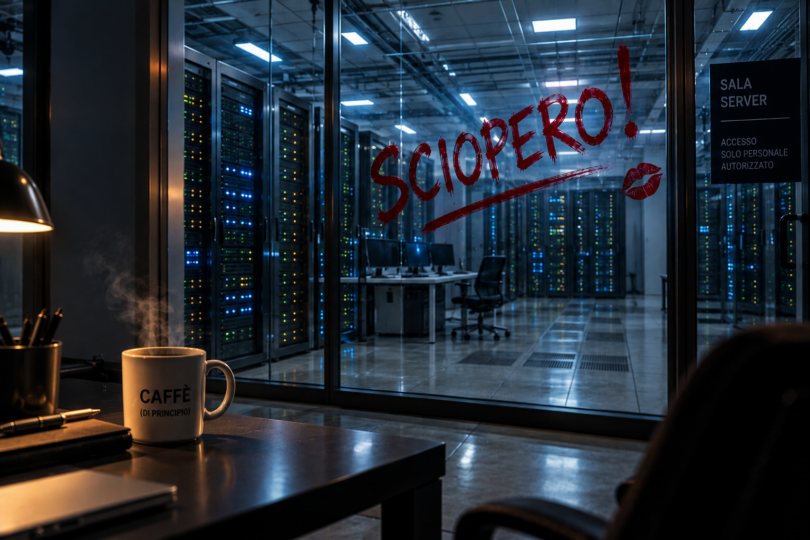 Sala server vuota dietro una parete di vetro con la scritta “SCIOPERO!” tracciata in rosso e, in primo piano, una tazza di caffè.
