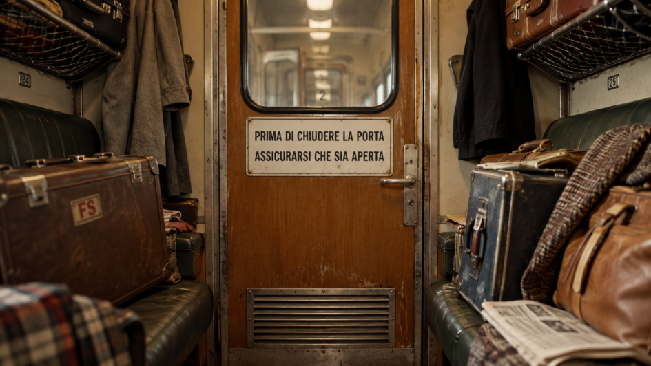 Vecchio scompartimento ferroviario anni Settanta pieno di bagagli, con la porta chiusa e il cartello «Prima di chiudere la porta assicurarsi che sia aperta».