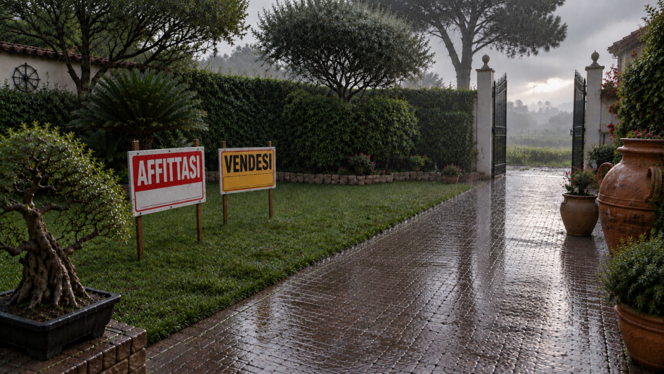 Giardino sotto la pioggia con il cancello aperto e due cartelli sul prato: “Affittasi” e “Vendesi”.