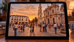 Una piazza affollata al tramonto negli anni Settanta visualizzata sullo schermo di un tablet.