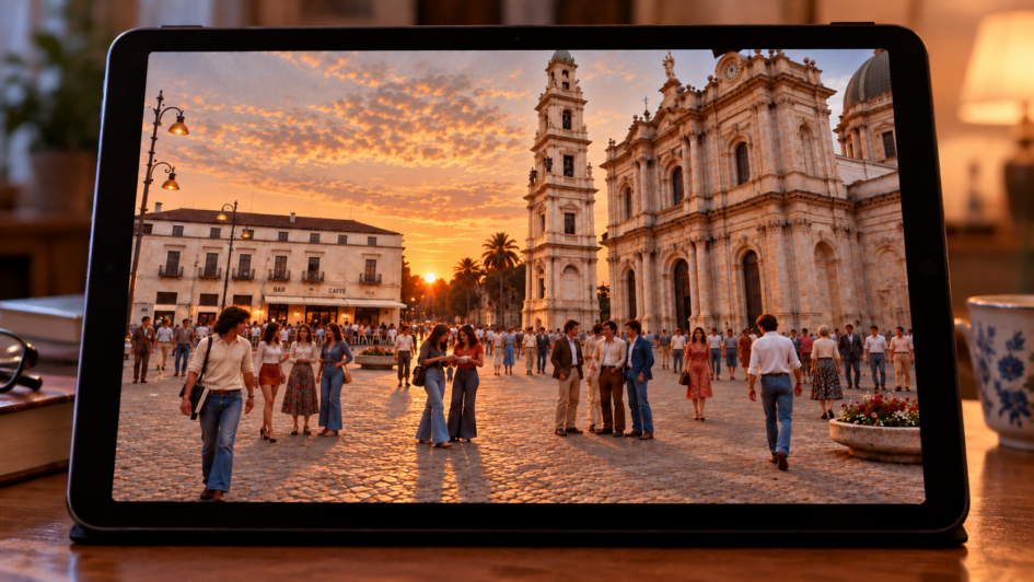 Una piazza affollata al tramonto negli anni Settanta visualizzata sullo schermo di un tablet.