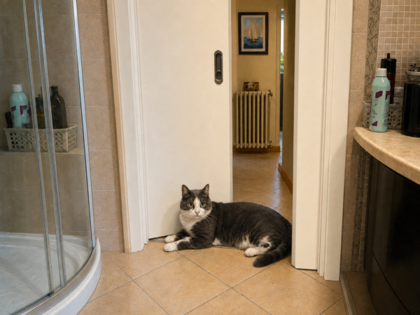 Il gatto Sugar sdraiato sulla soglia della porta aperta del bagno.