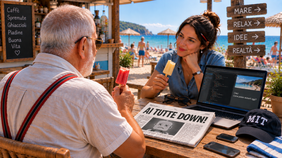 Un uomo e una donna mangiano ghiaccioli a un chiosco sulla spiaggia mentre sul tavolo un giornale titola “AI tutte down!” e il computer continua tranquillamente a funzionare.