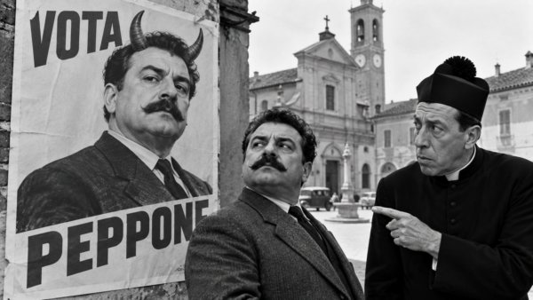 Scena fotorealistica in bianco e nero ambientata nella Brescello di Don Camillo e Peppone, con un manifesto elettorale di Peppone modificato con baffi e corna.
