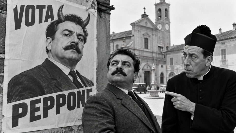 Scena fotorealistica in bianco e nero ambientata nella Brescello di Don Camillo e Peppone, con un manifesto elettorale di Peppone modificato con baffi e corna.
