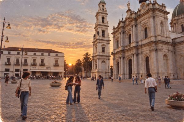 Piazza di Pompei al tramonto, ricostruita negli anni Settanta, con giovani studenti che camminano e si scambiano appunti prima dell’esame di maturità.