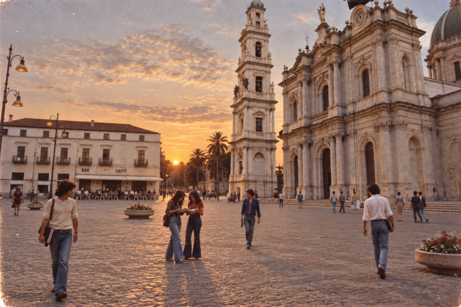 Piazza di Pompei al tramonto, ricostruita negli anni Settanta, con giovani studenti che camminano e si scambiano appunti prima dell’esame di maturità.