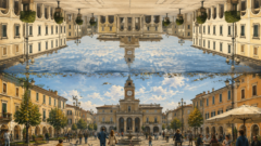 Una piazza perfetta, capovolta e deserta, si specchia in una piazza imperfetta ma piena di vita.