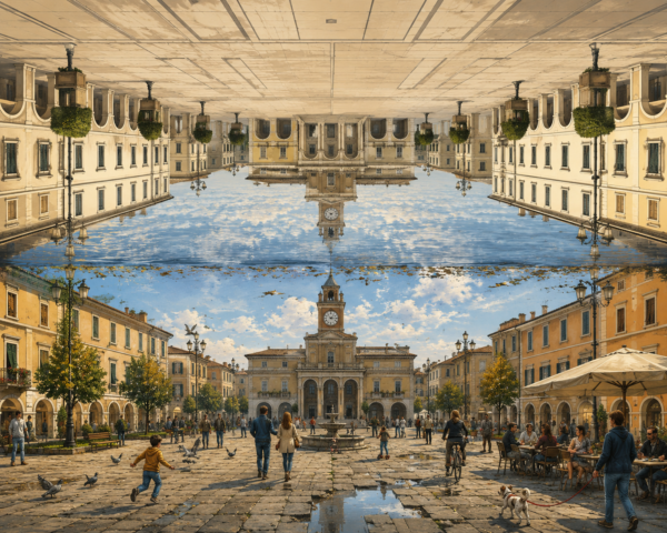 Una piazza perfetta, capovolta e deserta, si specchia in una piazza imperfetta ma piena di vita.