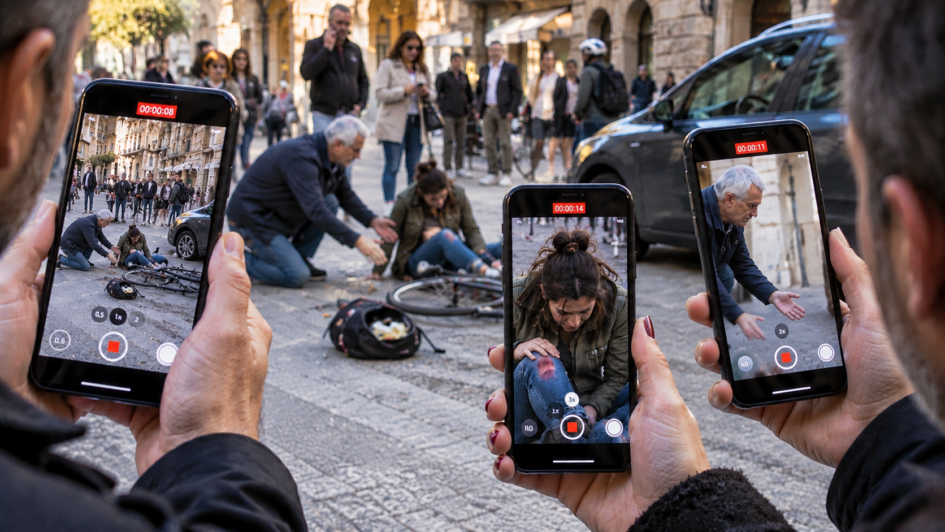 Tre smartphone riprendono la stessa scena di un incidente da inquadrature diverse: l’intera scena, la persona caduta e l’uomo che cerca di soccorrerla.
