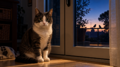Sugar, gatto tigrato grigio e bianco, sveglio davanti alla portafinestra alle prime luci dell’alba.