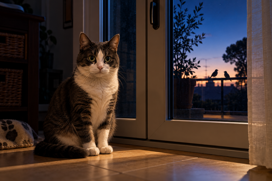 Sugar, gatto tigrato grigio e bianco, sveglio davanti alla portafinestra alle prime luci dell’alba.