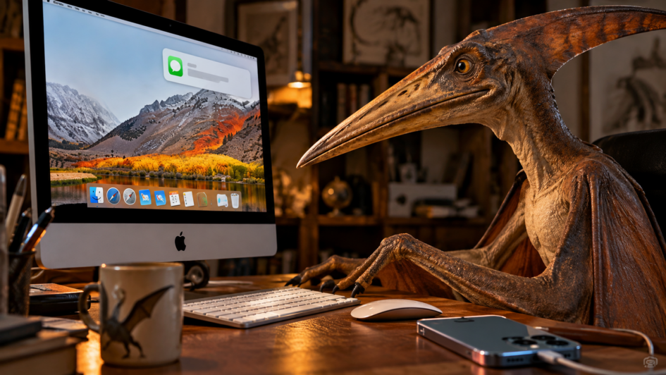 Uno pterodattilo davanti a un vecchio iMac mentre sullo schermo compare la notifica di un messaggio.