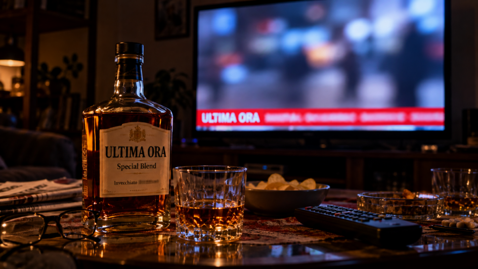 Bottiglia di whisky “ULTIMA ORA – Special Blend” su un tavolino davanti a un televisore che trasmette immagini sfocate di un telegiornale.