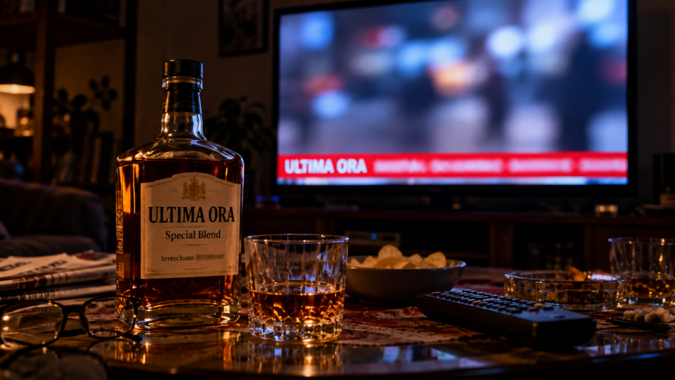 Bottiglia di whisky “ULTIMA ORA – Special Blend” su un tavolino davanti a un televisore che trasmette immagini sfocate di un telegiornale.