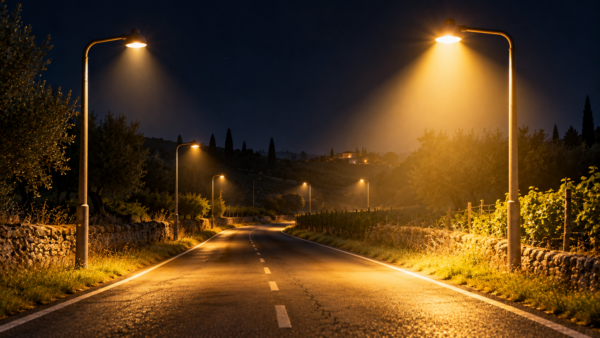 Strada di campagna di notte illuminata da diversi lampioni; in primo piano un lampione emette una luce molto più intensa degli altri.