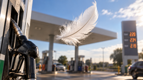 Pistola di un distributore di carburante con una piuma bianca sollevata dal vento e, sullo sfondo, il tabellone dei prezzi.