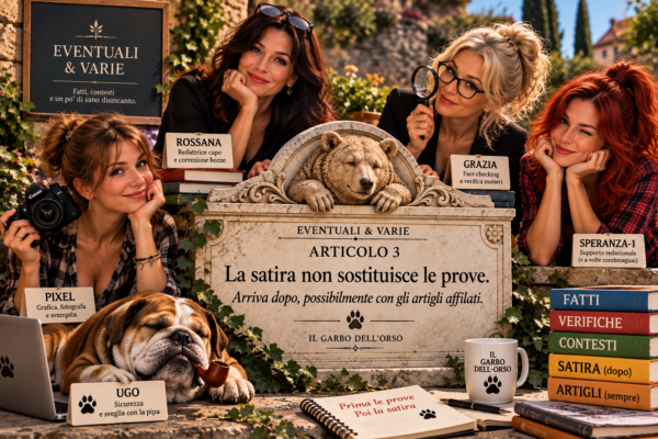 La redazione immaginaria di Eventuali & Varie riunita attorno a una lapide con l'Articolo 3: la satira non sostituisce le prove.