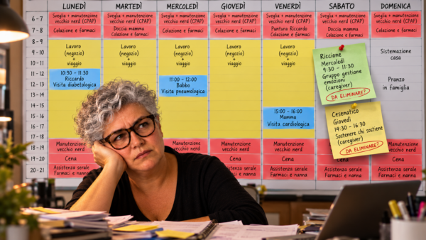 Donna dai capelli corti e argentei, con occhiali scuri, seduta alla scrivania con la testa appoggiata a una mano. Alle sue spalle un grande calendario settimanale fitto di impegni: in rosso l'assistenza familiare, in giallo il lavoro e in azzurro le visite mediche. Due post-it con iniziative di sostegno ai caregiver riportano la scritta «Da eliminare?».