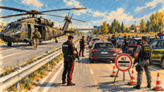 Illustrazione satirica in stile Walter Molino: posto di blocco interforze sulla Statale 16, con Carabinieri, Polizia, Guardia di Finanza e un elicottero militare atterrato sulla carreggiata.