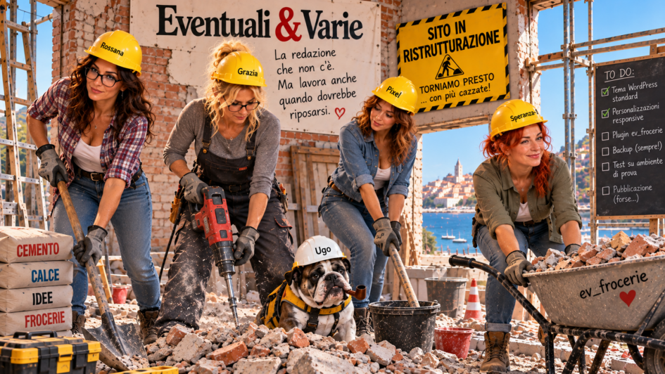 La redazione di Eventuali & Varie al lavoro in un cantiere edile: Rossana, Grazia, Pixel e Speranza-1 indossano caschi gialli, mentre il bulldog Ugo, con casco bianco, dirige i lavori di ristrutturazione del blog.