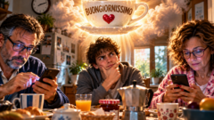 Due genitori a colazione guardano i loro smartphone mentre il figlio adolescente, seduto tra loro, osserva una gigantesca tazzina luminosa con la scritta “Buongiornissimo” sospesa sopra il tavolo.