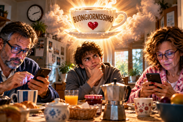 Due genitori a colazione guardano i loro smartphone mentre il figlio adolescente, seduto tra loro, osserva una gigantesca tazzina luminosa con la scritta “Buongiornissimo” sospesa sopra il tavolo.