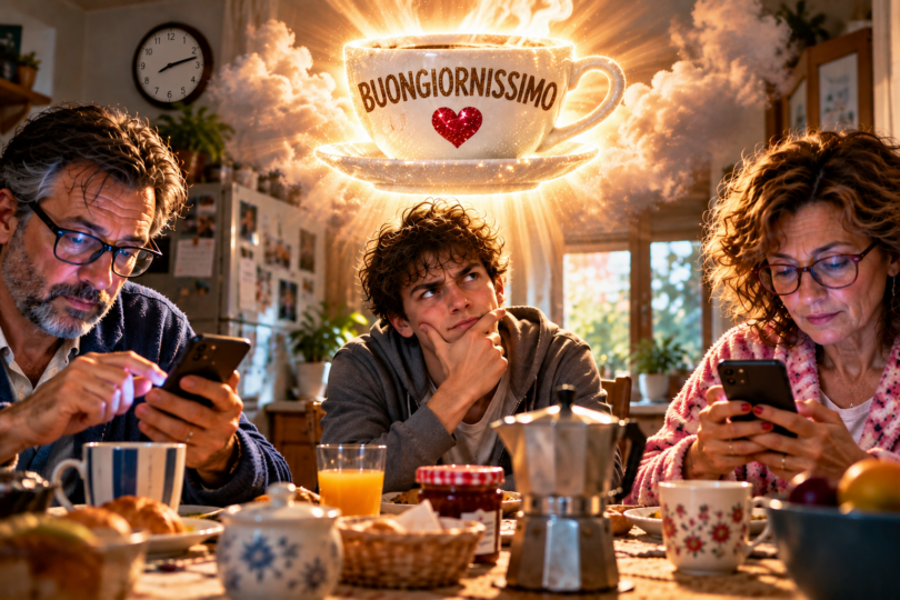 Due genitori a colazione guardano i loro smartphone mentre il figlio adolescente, seduto tra loro, osserva una gigantesca tazzina luminosa con la scritta “Buongiornissimo” sospesa sopra il tavolo.
